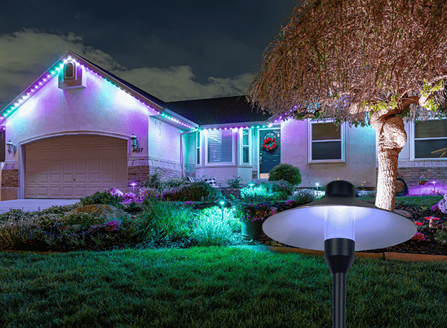 Pathway light blue landscape lighting.webp